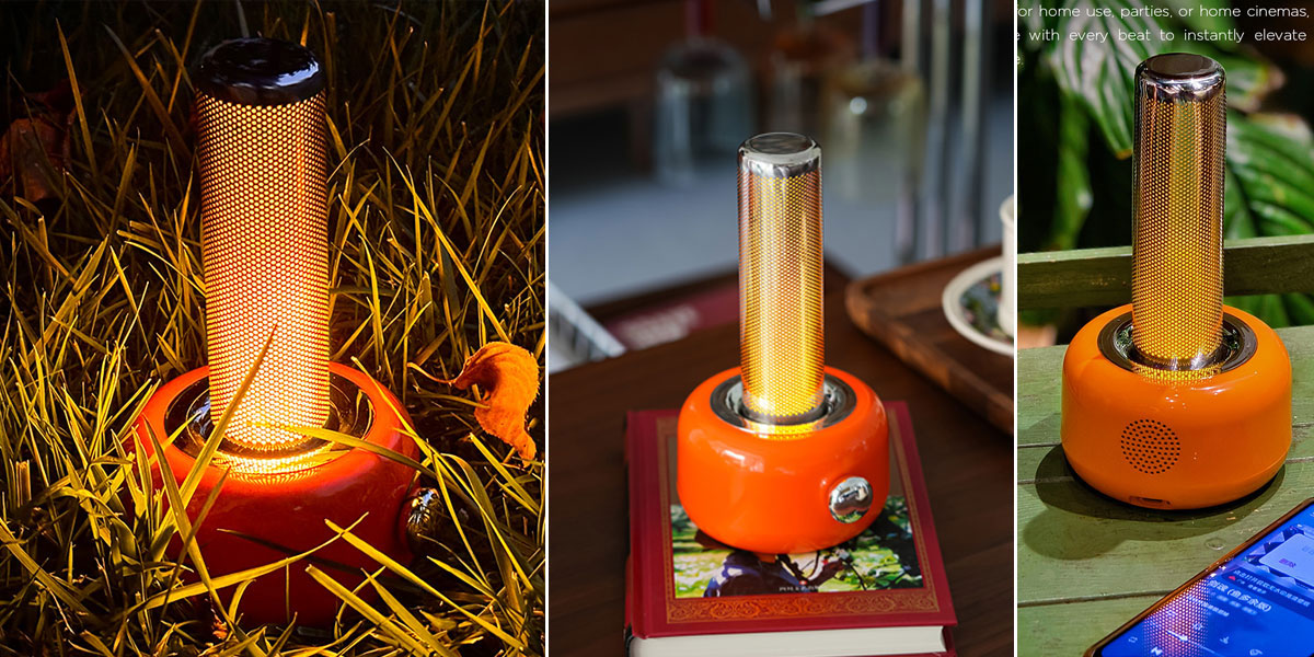 P2888TB // Meteor Sleep Aid Edition – Bluetooth Speaker with 1400K Warm Ambient Light, Flame &amp; Golden Light Modes, Breathing &amp; Sleep Modes, IP44 Waterproof, Stainless Steel Finish